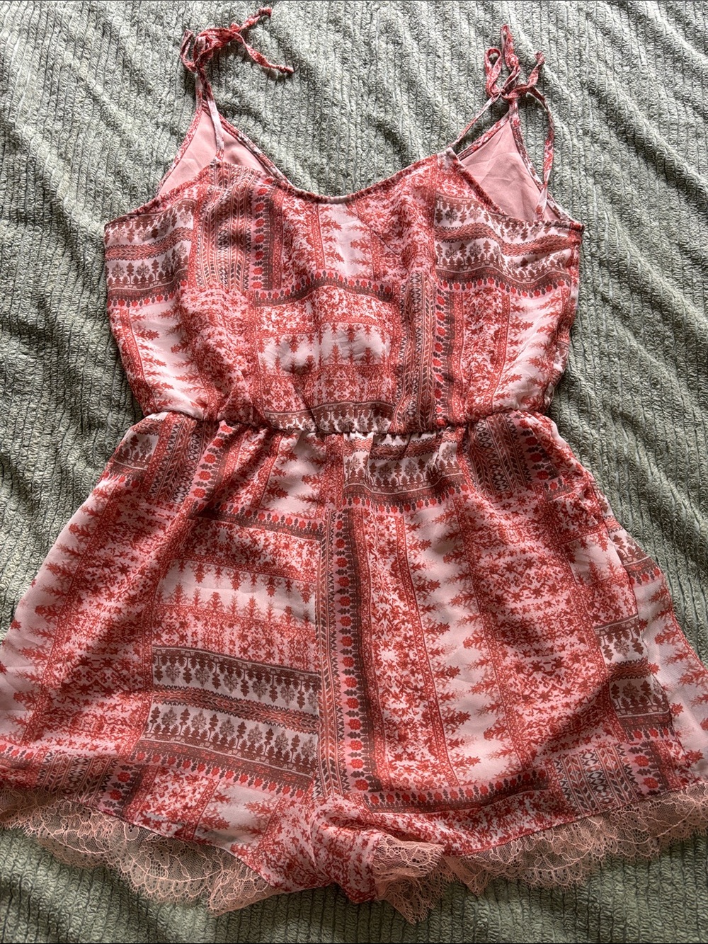 Coral Pink Printed Lace-Trim Romper BCBGeneration L